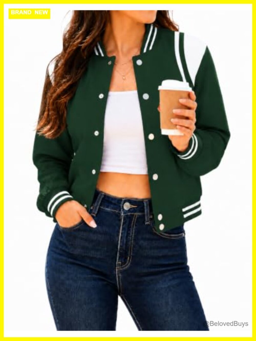 Women's Varsity Bomber Jacket Cropped Button Down Pockets Casual